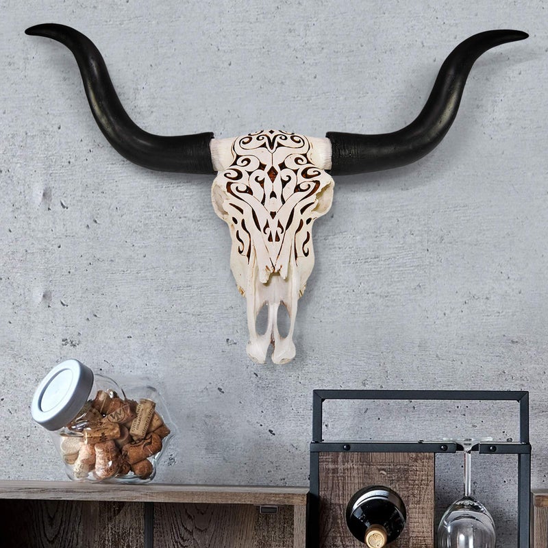 Wallcharmers Carved White + Black Faux Longhorn Skull - 27" Faux Taxidermy Animal Head Wall Decor - Handmade Farmhouse Decor - Image 4